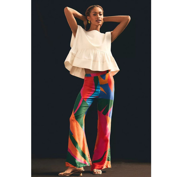 New Anthropologie Farm Rio Colorful Leaves Flared Pants $175 MEDIUM Red Motif - Picture 2 of 6